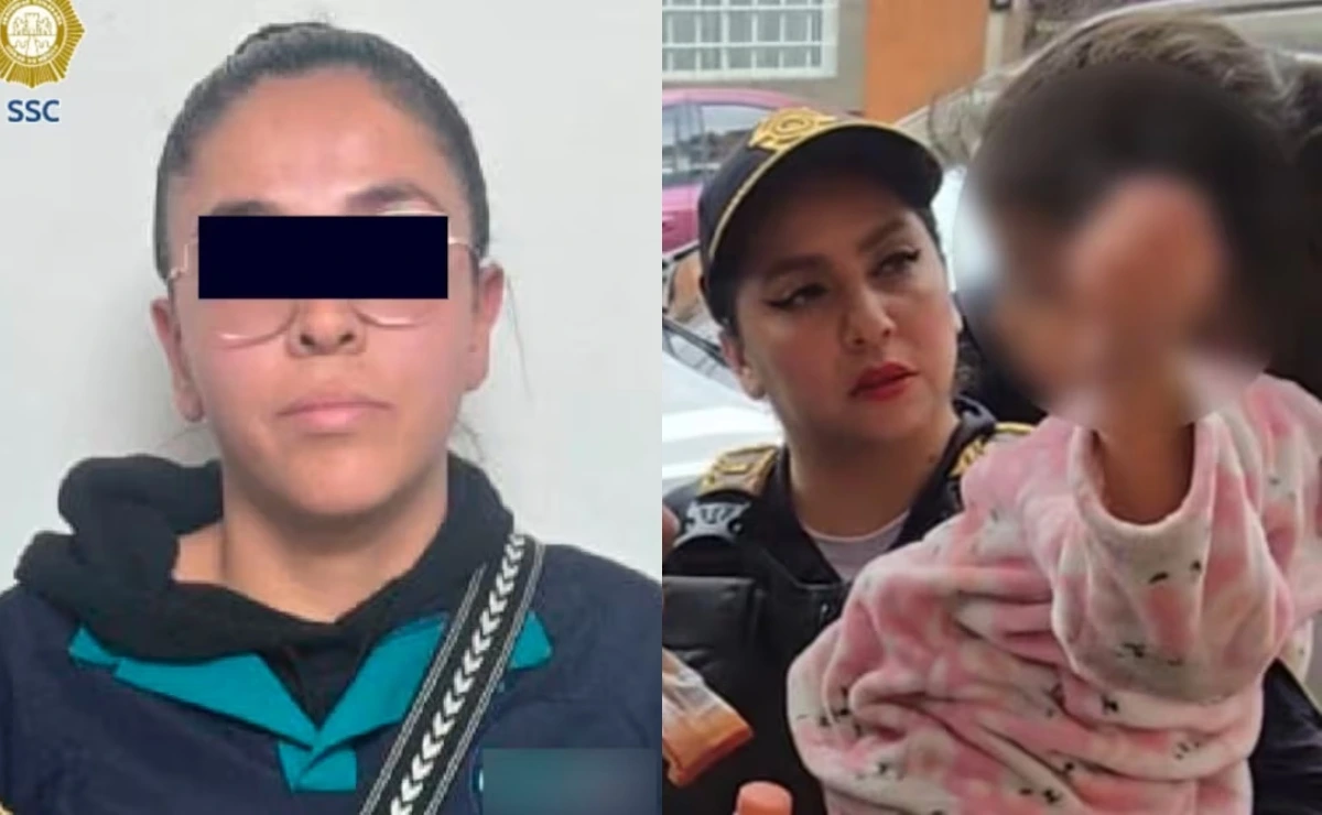 Policía capitalina resguarda a una menor mientras muestran a la madre detenida; escena del operativo en el que rescatan a niña de 6 años en Azcapotzalco por presunto maltrato.