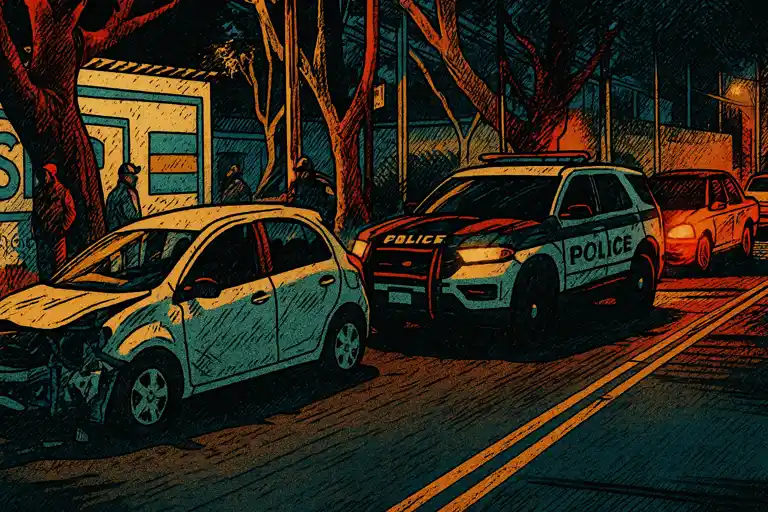 Ilustración estilo cómic del accidente en Azcapotzalco, mostrando autos dañados y presencia policial durante la madrugada.
