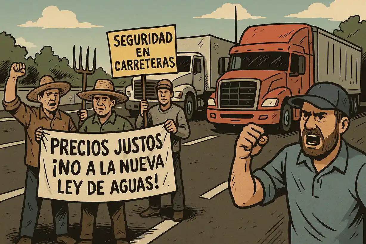 Ilustración estilo cómic que muestra a campesinos y transportistas en protesta durante los bloqueos del 24 de noviembre.