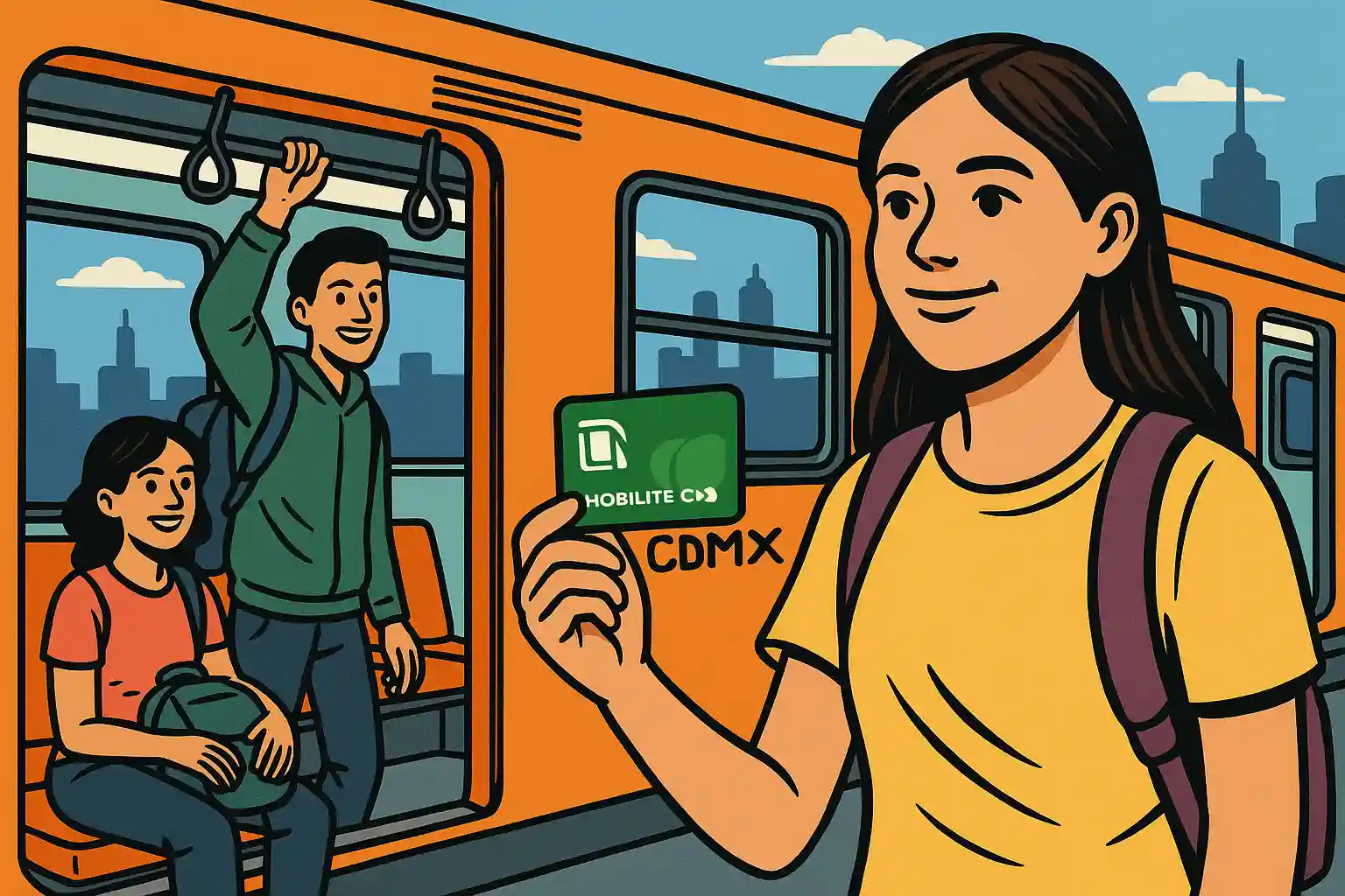 Ilustración estilo cómic de jóvenes usando el Metro de la CDMX con la tarjeta de movilidad integrada.