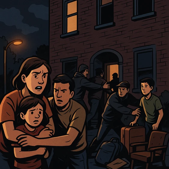 Ilustración estilo cómic que muestra a familias afectadas durante un desalojo en Cuauhtémoc.