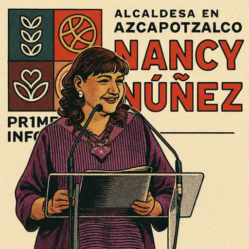 Ilustración estilo cómic del informe de gobierno Azcapotzalco, donde aparece la alcaldesa Nancy Núñez ofreciendo su primer informe desde un podio.