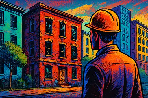 Ilustración estilo cómic que representa edificios antiguos en la ciudad mientras un trabajador observa la zona, relacionada con la noticia “CDMX expropiará 400 inmuebles”.