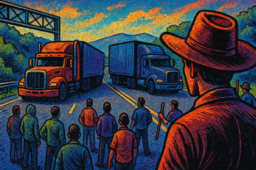 paro Ilustración estilo cómic que muestra un bloqueo carretero con camiones detenidos y manifestantes, representando el paro carreteras y aduanas 24 de noviembre.