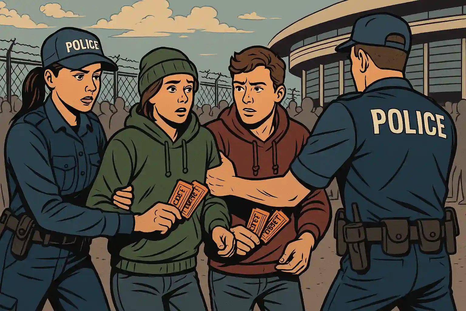 Ilustración estilo cómic que representa un operativo policial contra la reventa de boletos en el Corona Capital, con oficiales deteniendo a dos personas cerca del recinto.