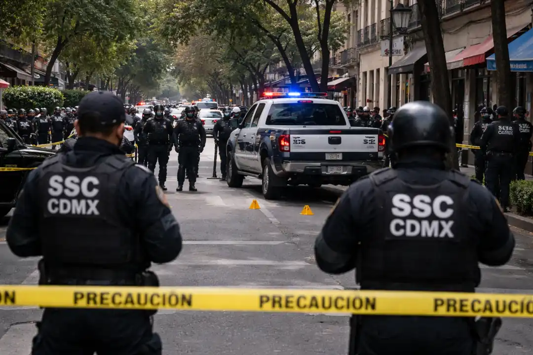 Balacera en colonia Juárez con operativo de la SSC CDMX y patrullas resguardando la zona acordonada en la alcaldía Cuauhtémoc.