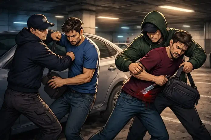 Asalto en Azcapotzalco ilustrado en estacionamiento de unidad habitacional con agresión a dos hombres.