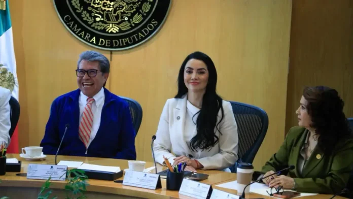 La diputada federal Gabriela Jiménez participa en reunión de trabajo en la Cámara de Diputados durante el periodo extraordinario, acompañada de legisladores en una mesa de sesión oficial.