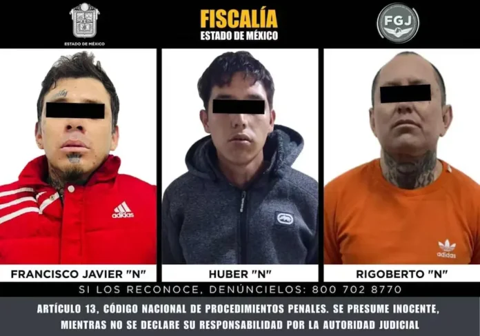 Francisco Javier “N”, Huber “N” y Rigoberto “N”, detenidos y presentados por autoridades tras ser vinculados a proceso por un caso de homicidio en Naucalpan.